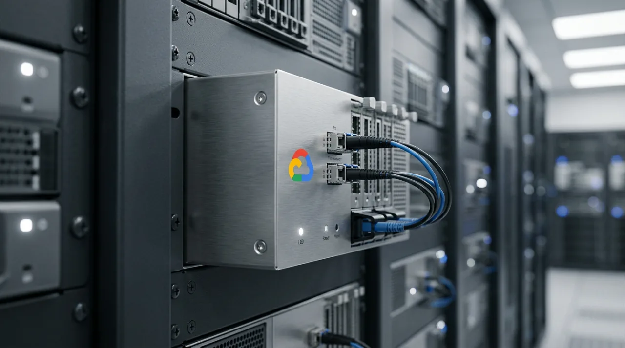 Серверная стойка Google Cloud с аппаратным модулем для запуска microVM и AI-агентов