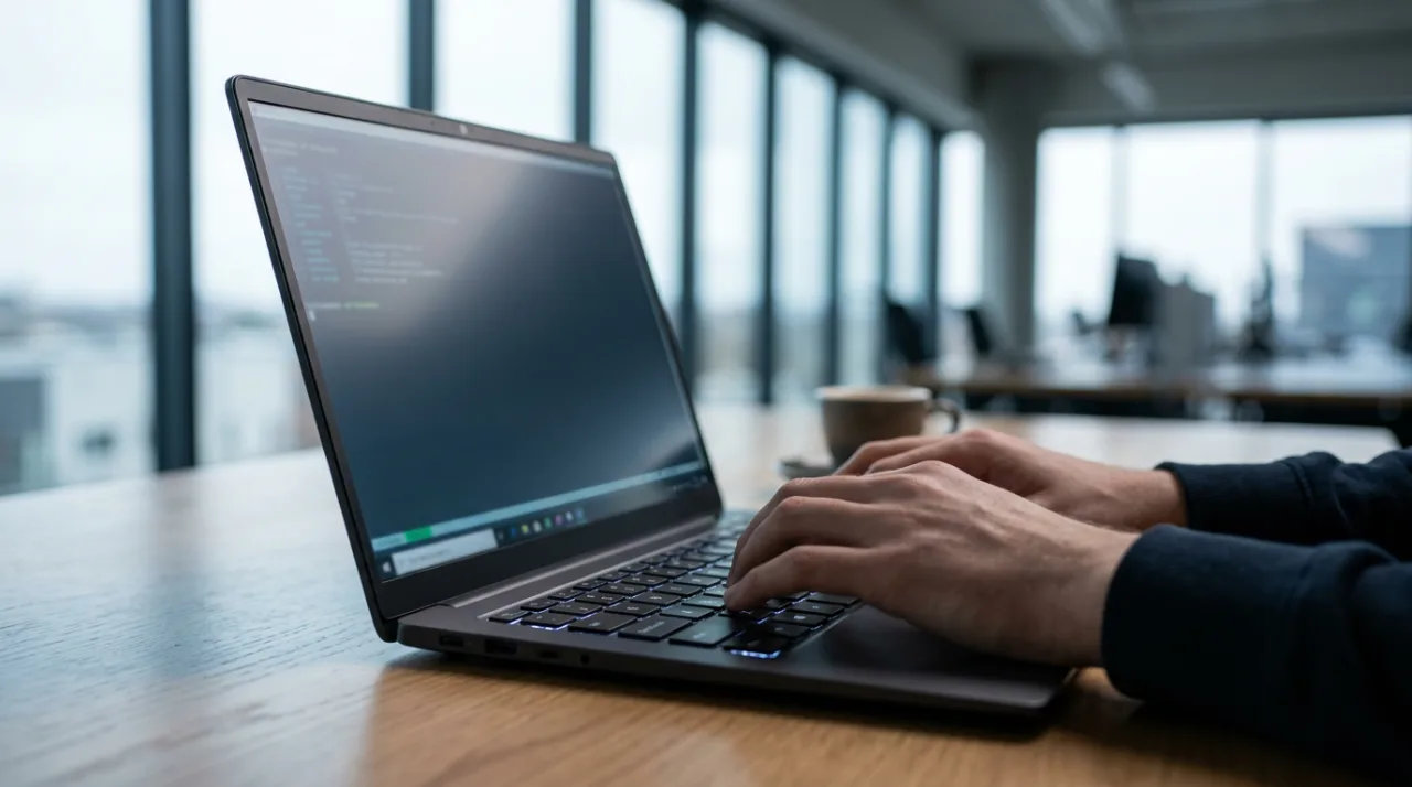 Рабочее место разработчика с ноутбуком на Windows при установке обновлений безопасности PHP