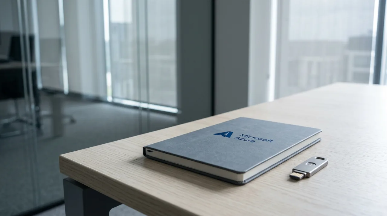 Рабочее место инженера безопасности Microsoft Azure с аппаратным токеном и блокнотом на столе