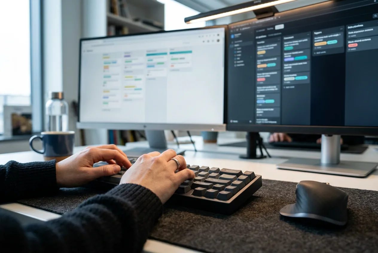 Клавиатура и монитор с интеграцией рабочих сервисов на столе разработчика