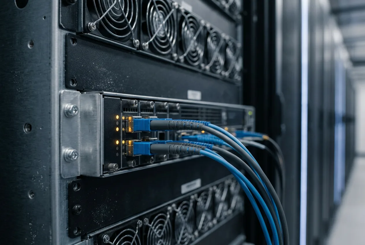 Серверная стойка с оптоволоконными кабелями для обработки данных кибербезопасности