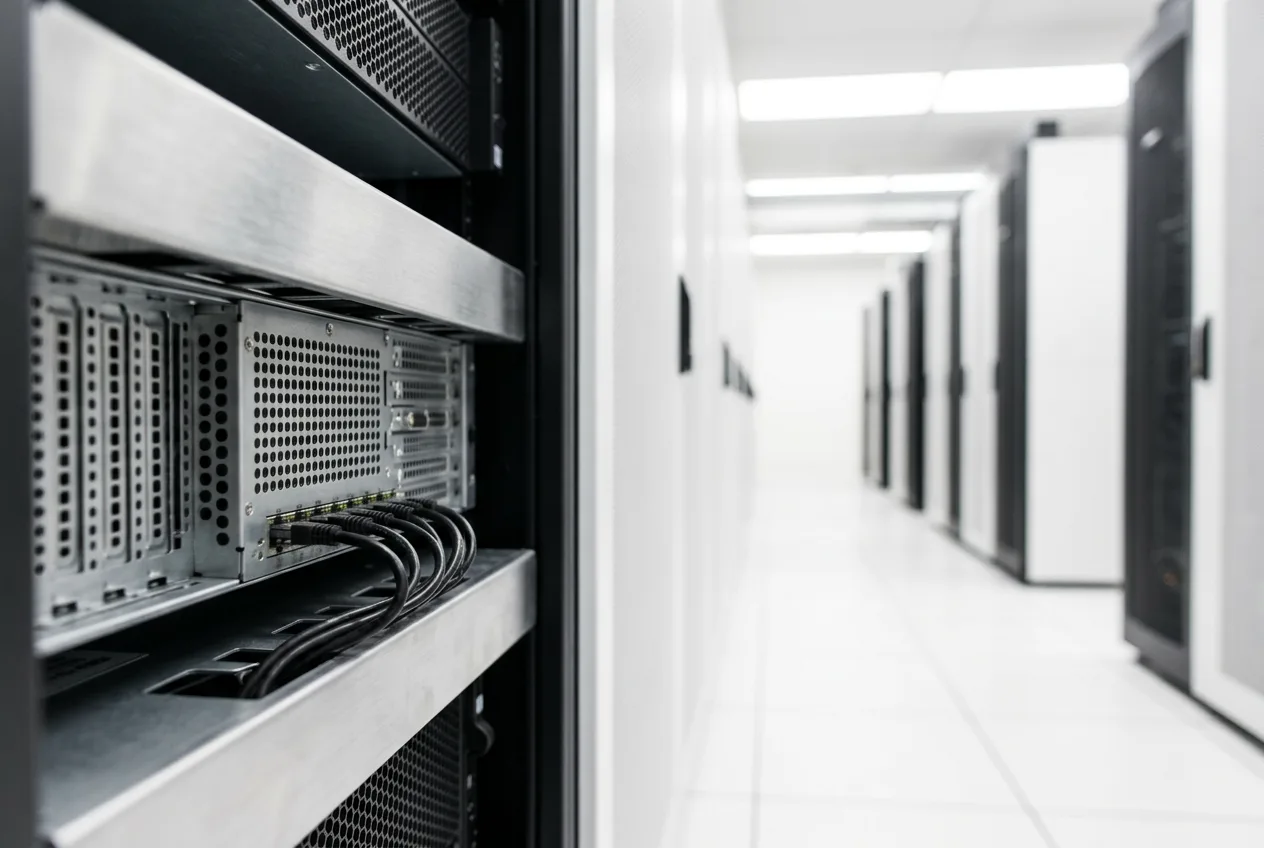 Стойка серверов в современном дата-центре облачной инфраструктуры Google Cloud