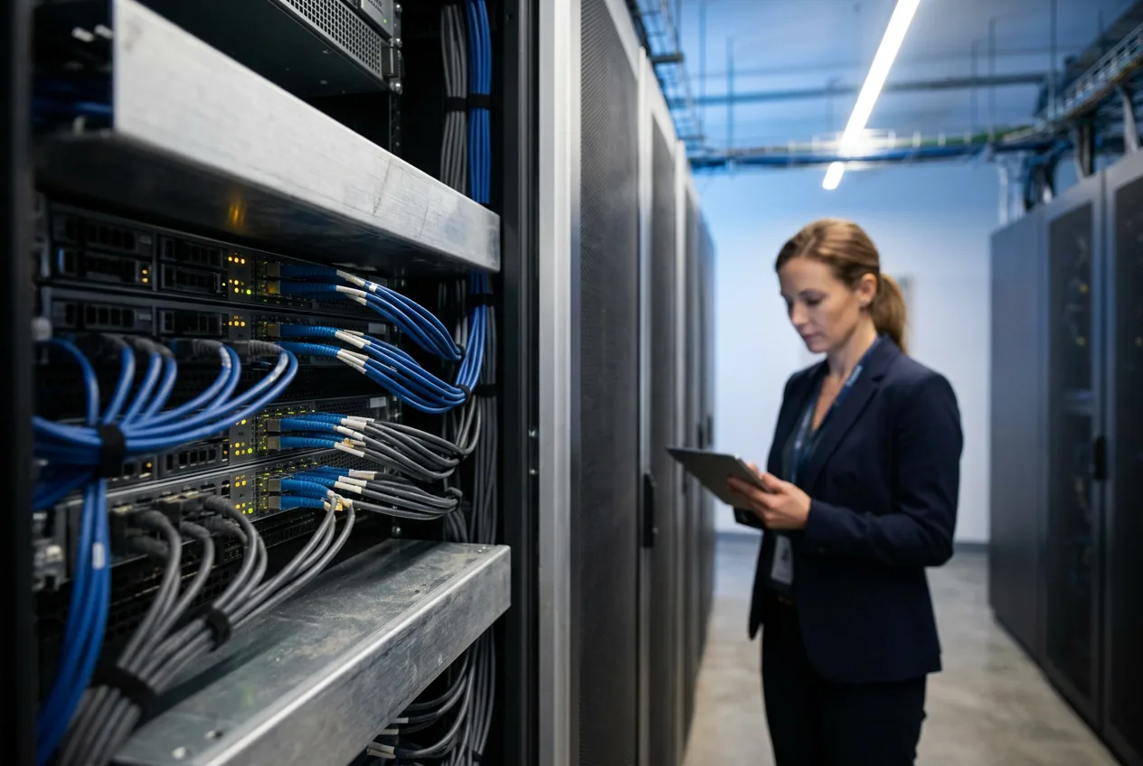 Серверная стойка в дата-центре при интеграции корпоративных HRIS-систем и платформ