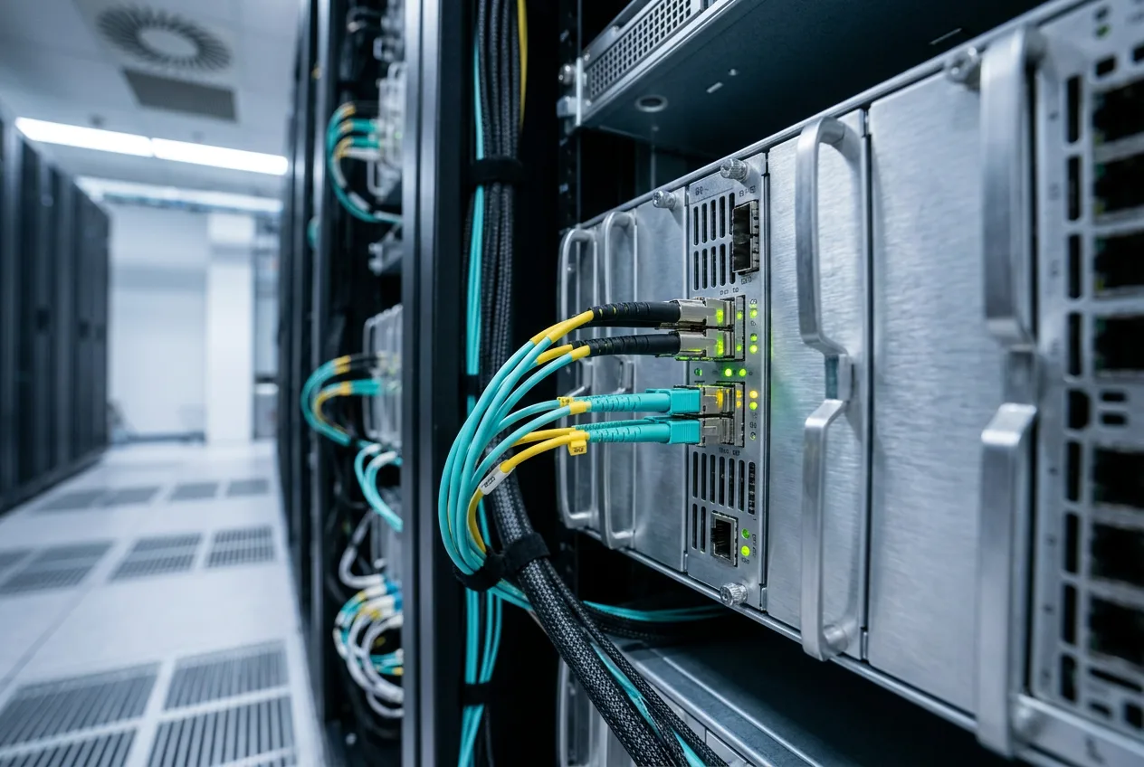 Оптоволоконные кабели в серверной стойке, символизирующие платформу безопасности Reco Graph