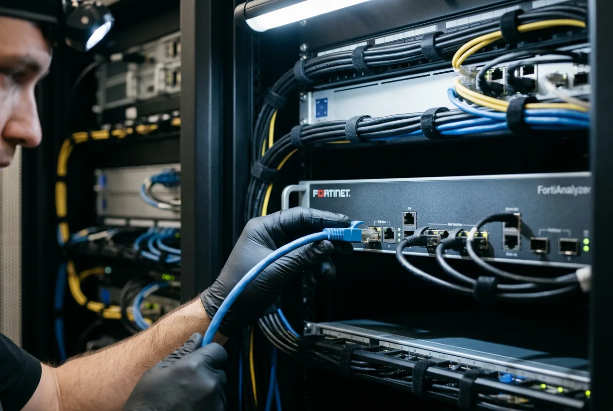 Сетевой инженер подключает кабель к серверному оборудованию Fortinet