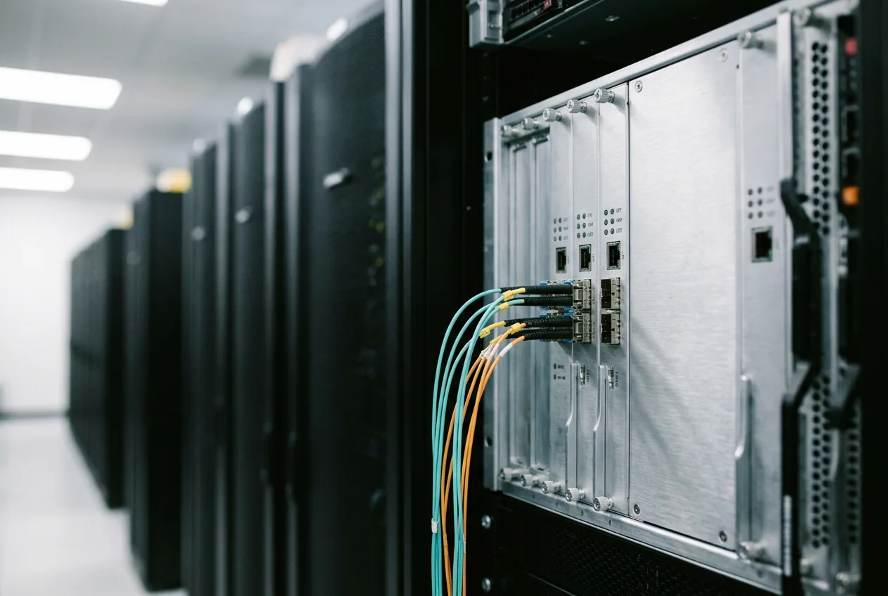 Стойка серверов в облачном дата-центре AWS для обработки финансовых данных
