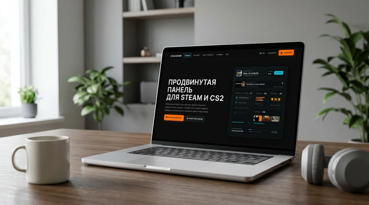 Интерфейс сервиса SteamSMM.ru на экране ноутбука на рабочем столе