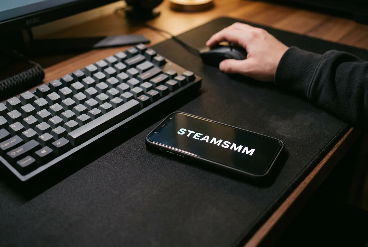 Логотип SteamSMM на экране смартфона рядом с игровой клавиатурой