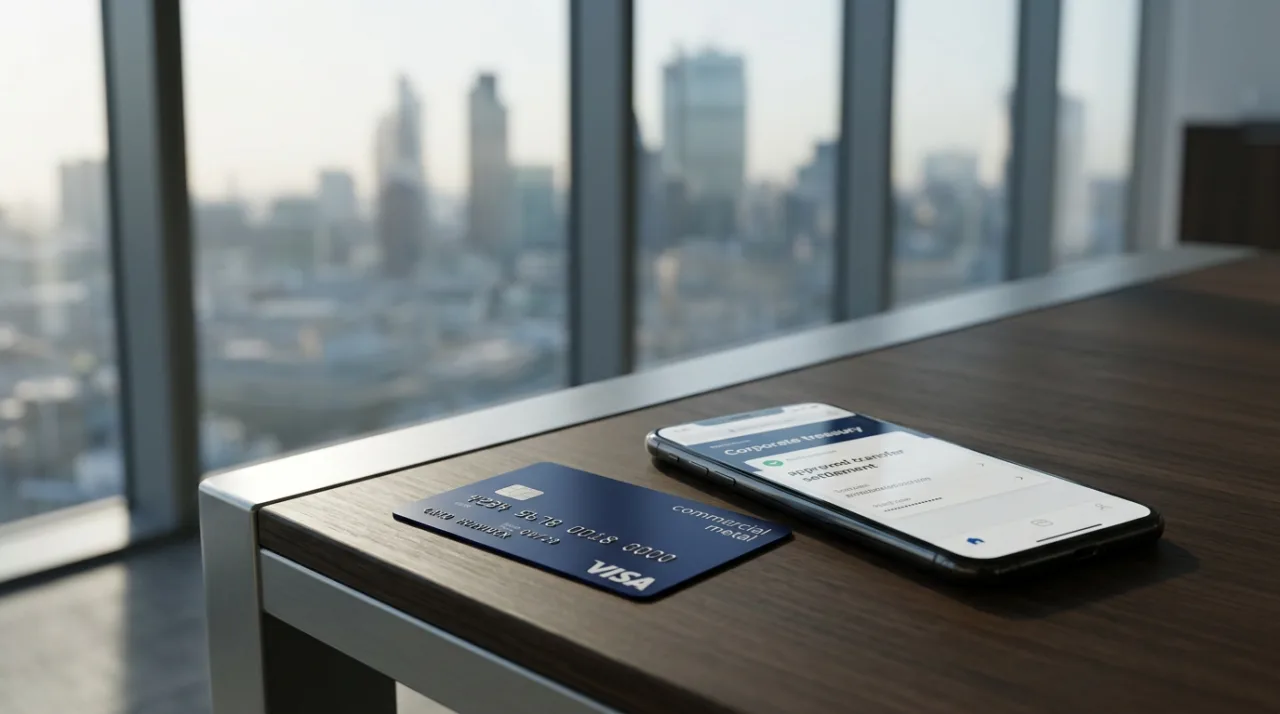 Металлическая карта Visa и смартфон с банковским приложением на офисном столе