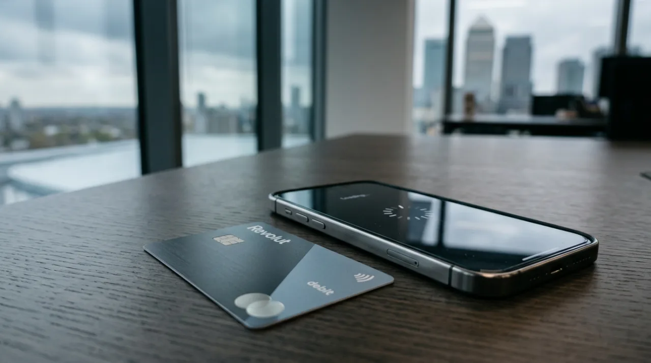 Смартфон и банковская карта Revolut на рабочем столе на фоне сбоя облачных сервисов