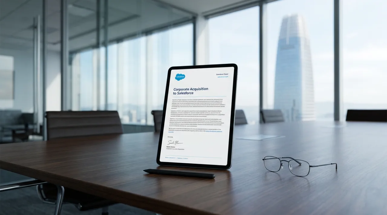 Планшет на столе в штаб-квартире с видом на небоскреб Salesforce, символизирующий слияние с Braze.