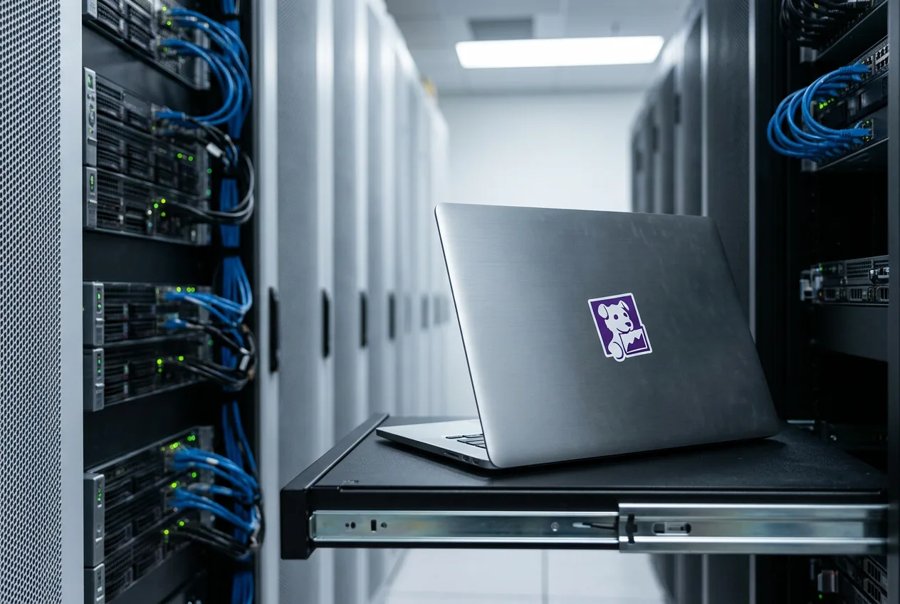 Ноутбук на сервисной тележке в серверной стойке дата-центра с наклейкой Datadog